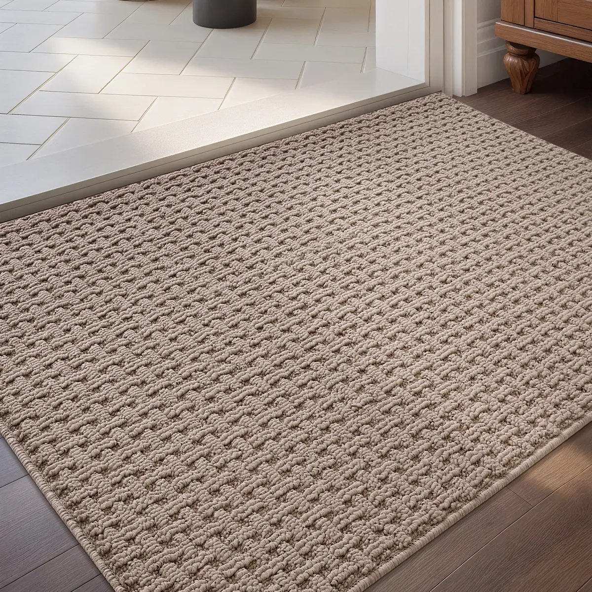 LUMIRUGS Indoor Door Mat - Non-Slip Rubber Backed Rug for Entryway, Low-Profile, Absorbent, Washable, Khaki Color (Rolled-up NO Creases)