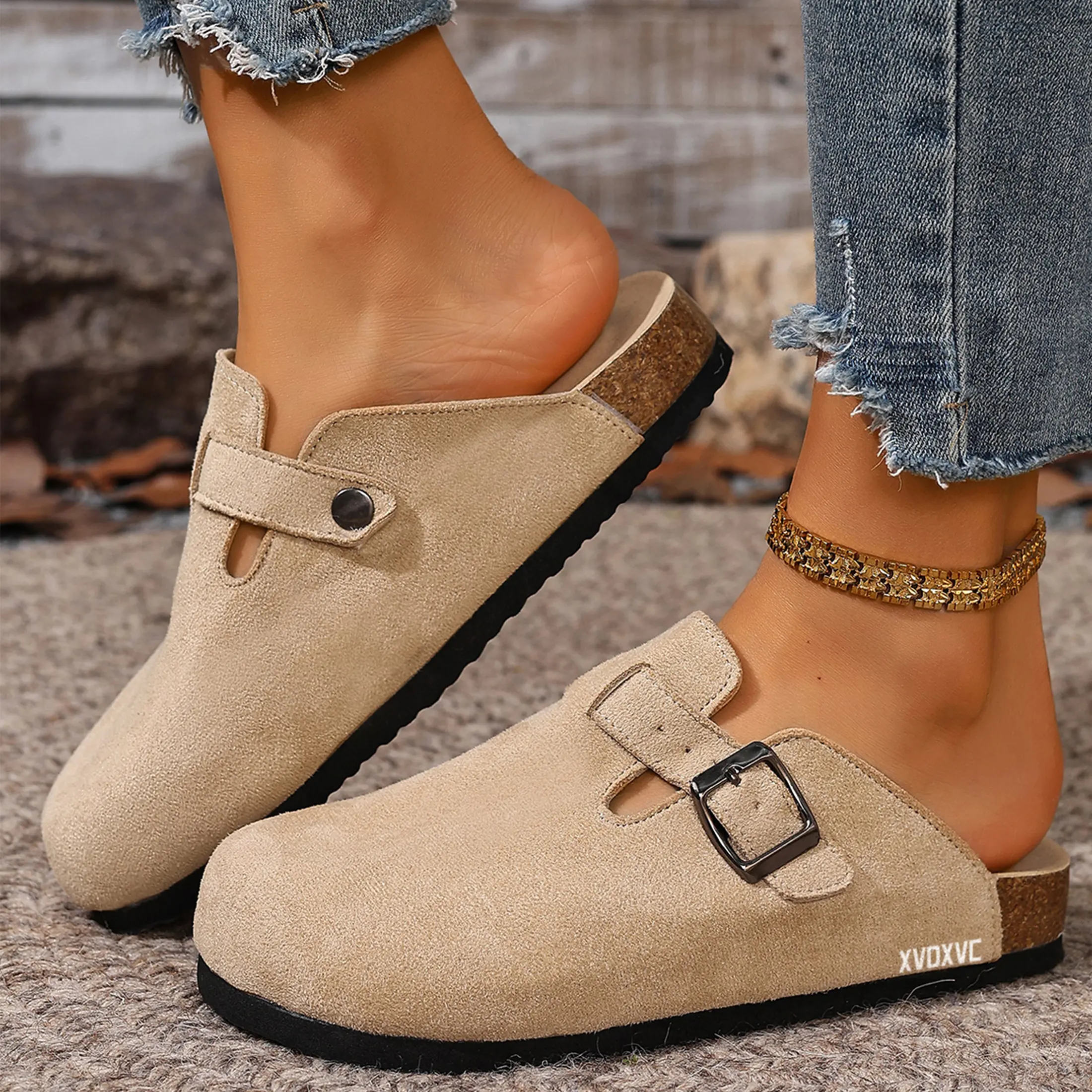 Women's Trendy Suede Mules Slippers Adjustable Buckle Slip-On Clogs Round Toe Anti-Skid Indoor Outdoor Shoes Springfresh