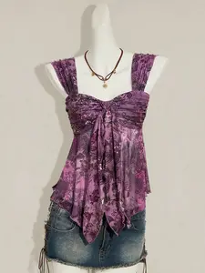 Vintage Print Asymmetrical Hem Mesh Trim Women Tank Top