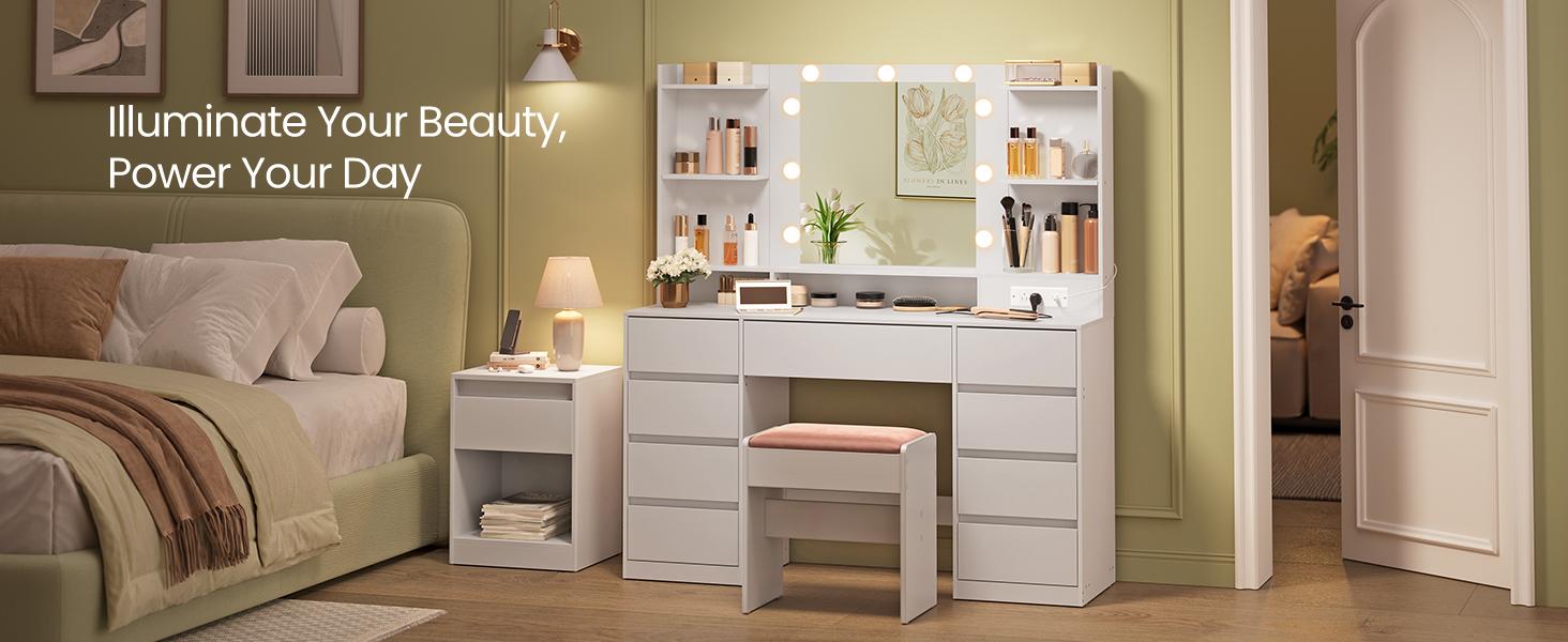 Songmics Vanity Desk with Mirror and 9 LED Bulbs, Vanity Makeup Table with Power Outlets, Dressing Table with 9 Drawers, for Bedroom, Cloud White