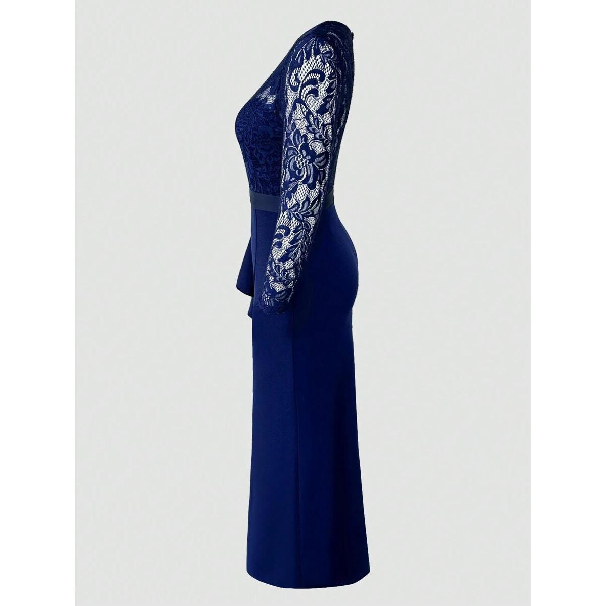 Lace Patchwork Sexy Sheer Royal Blue Maxi Women's V Neck Regular Sleeve High Waist Bodycon Evening Party Prom Graduation Valentine's Day Wedding Guest Birthday Dress
