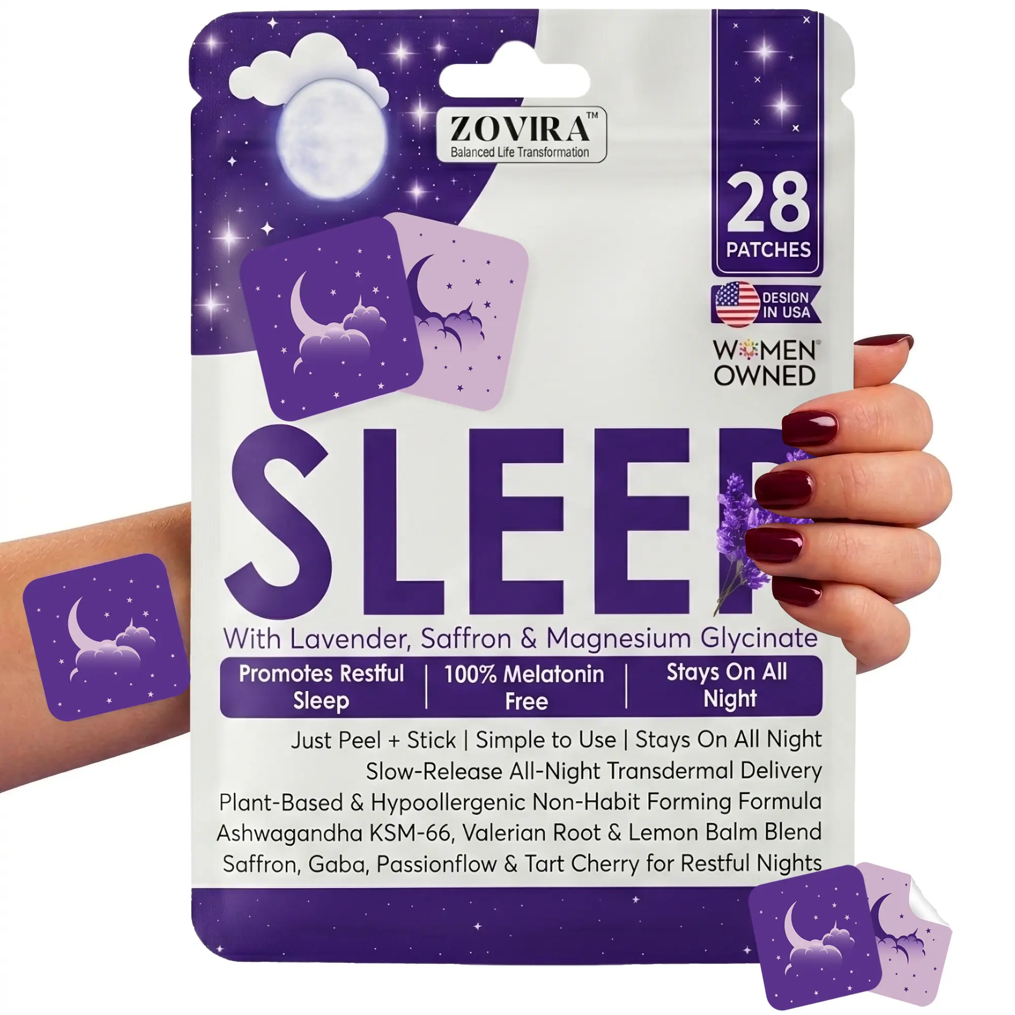 Zovira Melatonin Free Sleep Patch for Adults  12H Slow Release Magnesium, Lavender & Ashwagandha, Transdermal Sleep Aid, 28 Ct