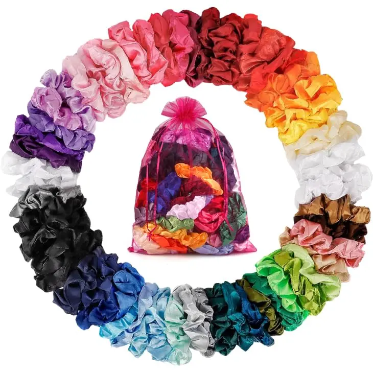 Women/Girls Satin Scrunchies 60-Pack - Colorful Hair Ties, Assorted Solid Colors, Lightweight No-Slip Design for All Hair Types, Ideal Gift Box Set, Elastic Band Scrunchies, Ponytail Accessories, Kids Gift, Soft Satin, Hair Rubber Bands, Vacuum Bag