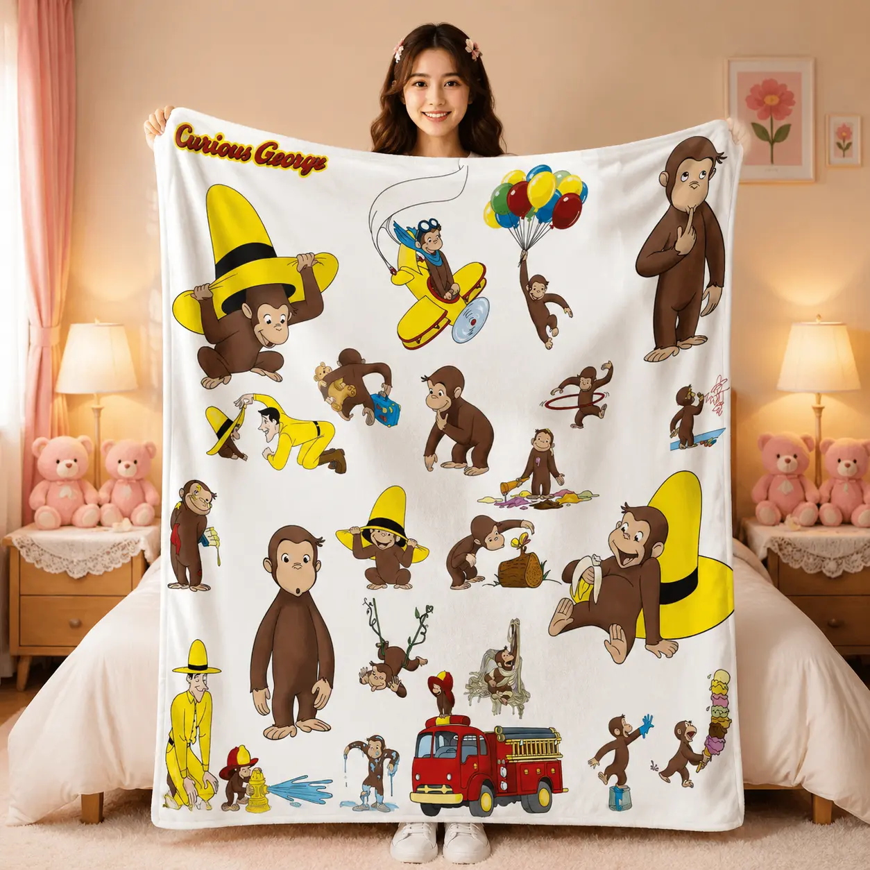 Curious George Classic Scene Collage Flannel Throw Blanket, Cute Cartoon Monkey Print Soft Cozy Blanket, All Season Cover for Sofa Bedroom, Perfect Birthday Holiday Gift For Curious George Fans, Kids' Room, Ultra Soft