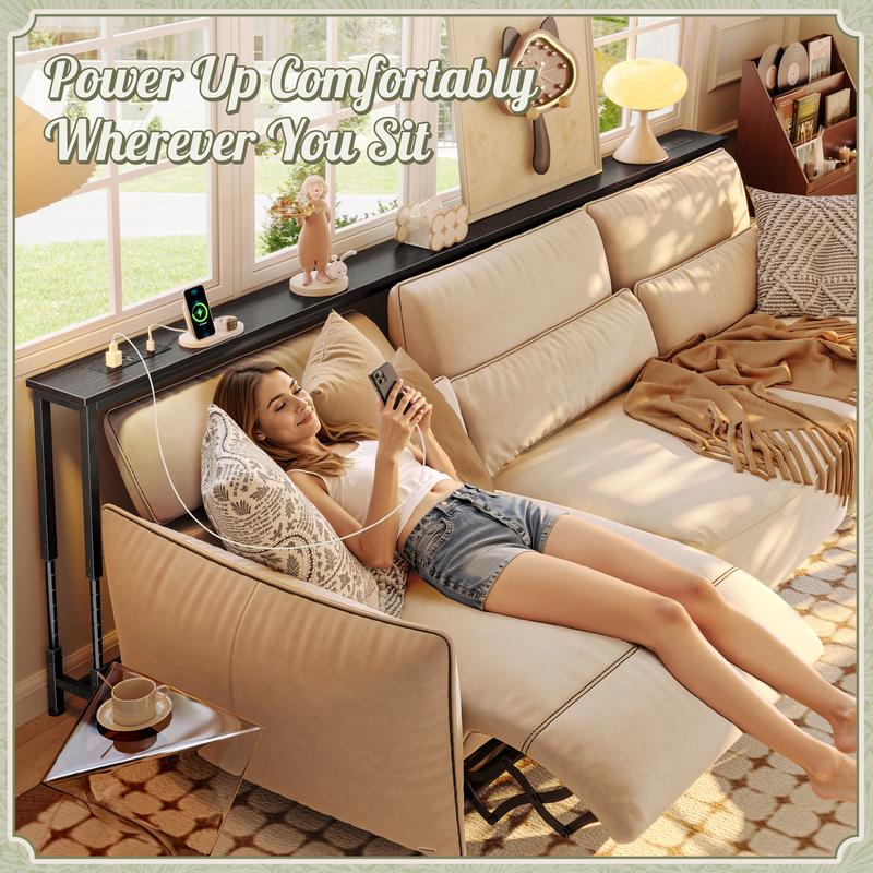 Huuger 102.4/110.2 Inch Sofa Table with Power Outlets, 23.9’’-34.4’’ Height Adjustable Range, Behind Couch Table with USB-C Ports, Sofa Tables Narrow Long, Skinny Console Table, Small Spaces