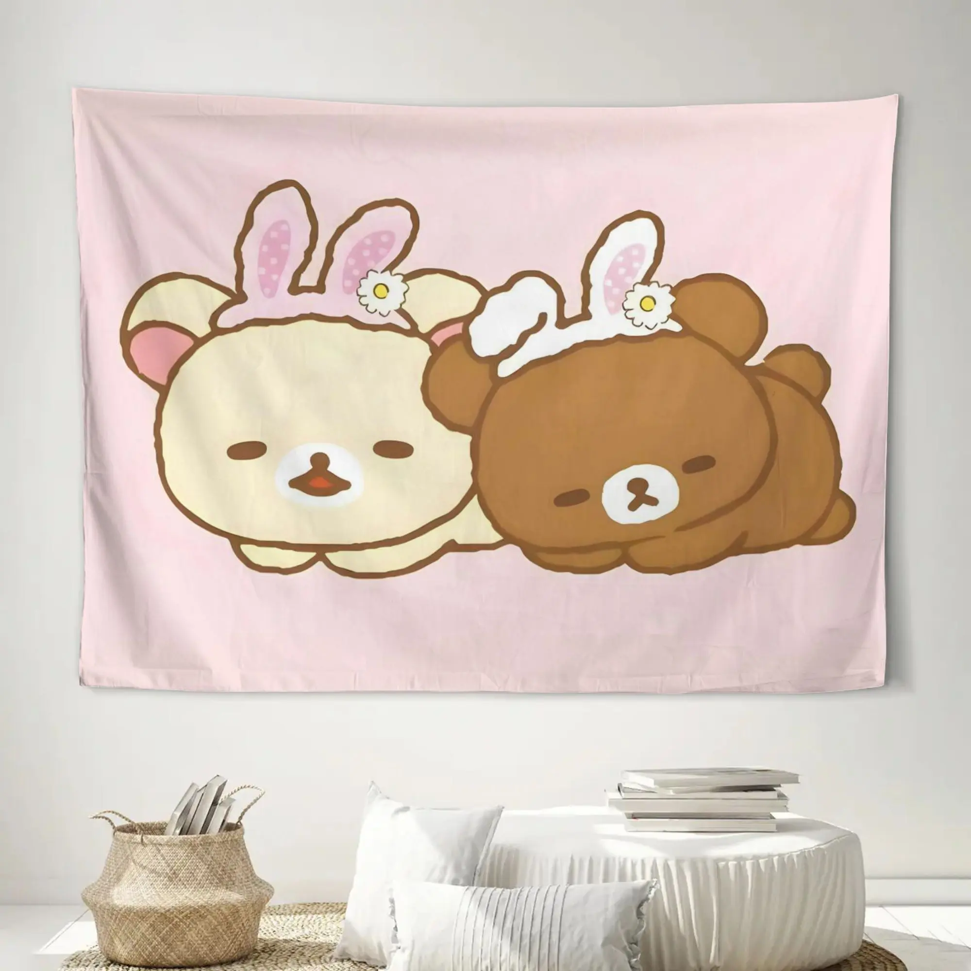 Rilakkuma Large Cutecore Decorative Tapestry - Geometric Cartoon Character with Pink Bunny Ears, White Tail, Peach Light Beige Polyester Knit Fabric, Horizontal Room Accessories, Machine-Washable No-Electricity Wall Art for Bedroom, Cafe, Any Season Gift,