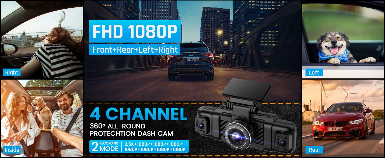 IIWEY N5 4 Channel Dash Cam 360° View 1080P Front & Rear 8 IR Lamps Night Vision 5G WiFi APP Control G-Sensor Parking Mode 128GB SD Card Included side  camera