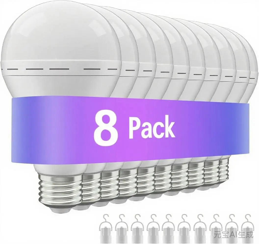 6/8 Pack Rechargeable home Emergency Light Bulbs, A19 5000K E26/E27 60W Equivalent, 1200mAh Battery Backup Lights with Hooks for Power Outage, Hurricane & Camping