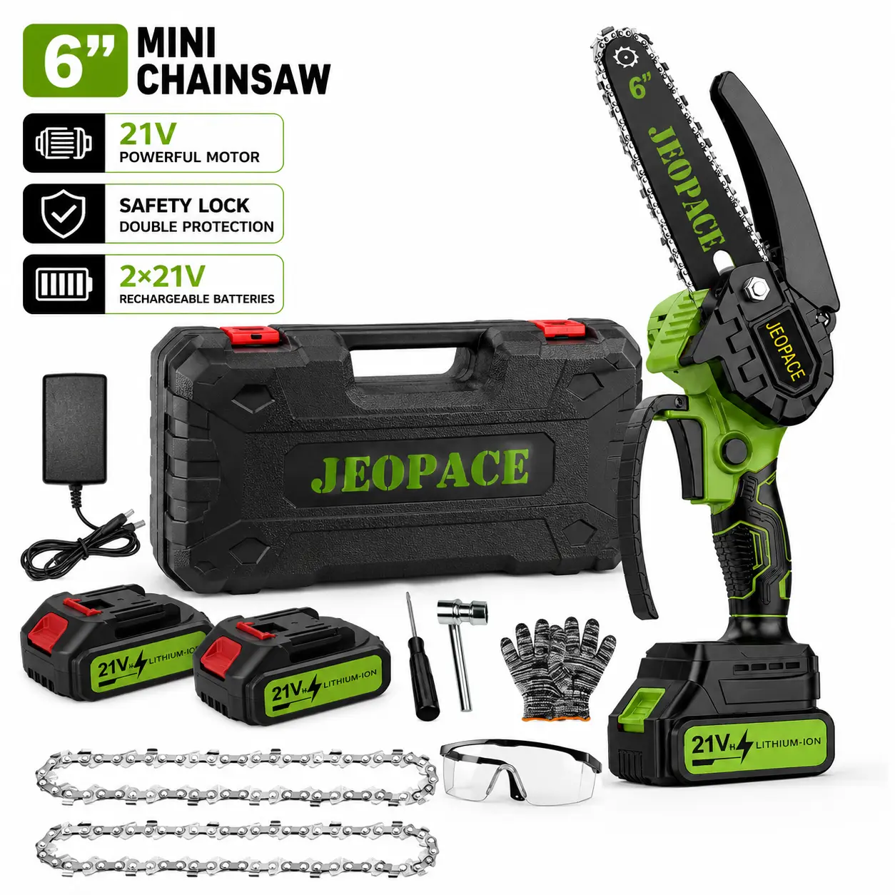 6-Inch Cordless Mini Chainsaw, 21V Battery-Powered Portable Power Electric Tool with 2 Batteries, 1-Hand Operation for Seniors, Tree Trimming, DIY Wood Projects