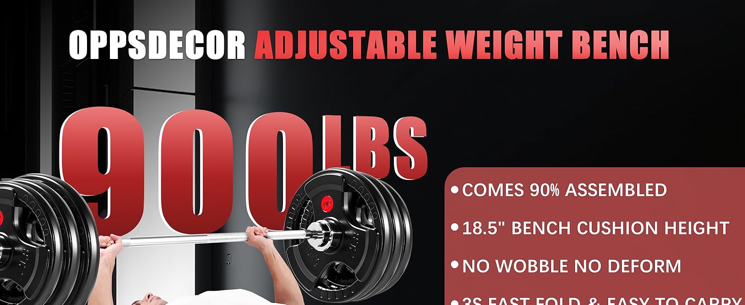 OPPSDECOR 900LBS Adjustable Weight Bench for Full Body Workout,Incline Decline Flat Utility Workout Bench with Quick Folding& Fast Adjustment,Perfect Gift for Day, Father's Day, Christmas