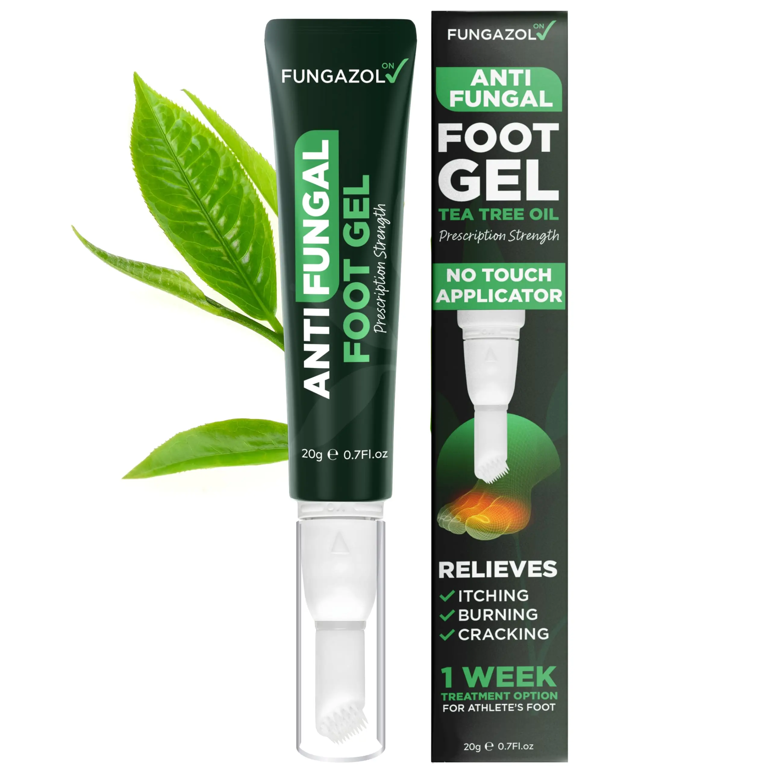 Tea Tree Oil Antifungal Foot Gel | Relieves Jock Itch, Athlete’s Foot & Ringworm | Soothes Itching & Burning | Moisturizes Dry, Cracked Feet | No-Touch Applicator | 1-Week Treatment Option | 20g