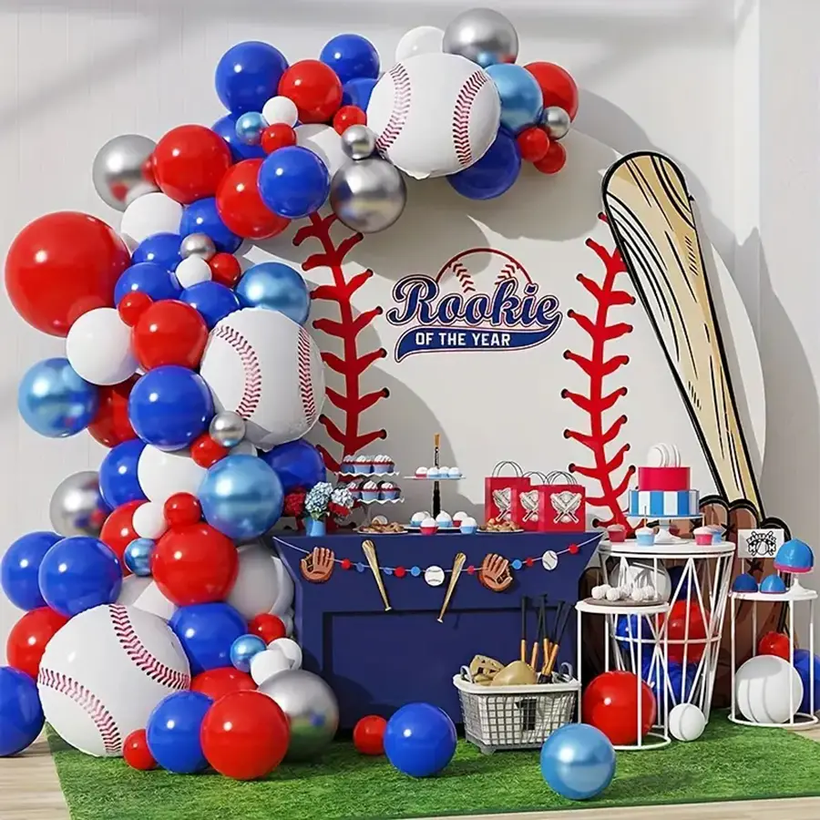 156pcs Round Patchwork Baseball Theme Red-Black-White-Blue Latex Balloon Arch Kit, Easy-Setup Festive Decor for Happy Birthday, Indoor Party Supplies (Birthday Ideas Included)