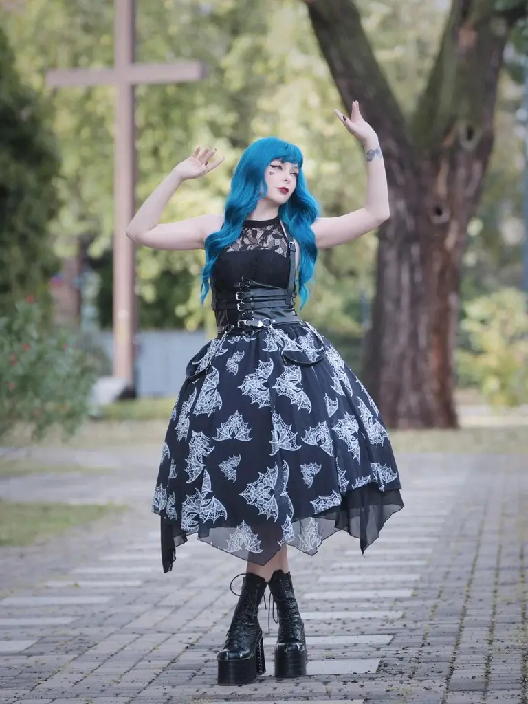 RETRO STAGE Women's Gothic Steampunk Dress, Printed Lace Halloween Outfit with Bat Belt and Back Zipper, One Piece, Clothes