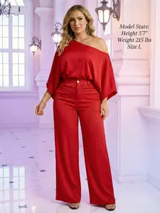 SUPÊR VÃLUE CHOIC Two-Piece Set:  Top Soft Girl E 2026 JUMPSUITS Maxi Outfit  Plus Size Spring Princess Sleeve Top & Wide Leg Trousers Co-ord, Cozy Scoop Neck Loose Two Piece Outfits, Basic Womenswear party date summer