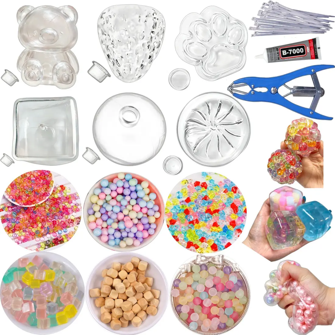 DIY Stress Ball Making Kit, Stress Ball Set, 6 Squishy Mold Shapes (Bear/Cube/Strawberry/Dumpling/Cat Paw/Round) with 6 Colorful Filler Packs, 15ml Glue, Ideal for Adults and Beginners, DIY Stress Ball Squishies, Squishy Stress Relief Toys