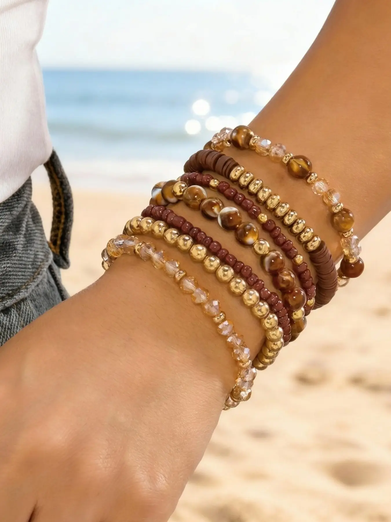 7-Piece Bohemian Earthy Vacation Style Bracelets, Casual Versatile Crystal Polymer Beaded Beautiful Bracelets Set, Perfect for Everyday Wear