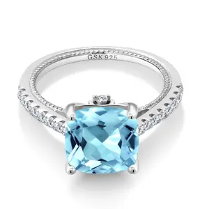 Gem Stone King 4.52 Cttw Sky Blue Topaz and White Created Sapphire Engagement Ring For Women | 925 Sterling Silver | Cushion 10MM | Wedding Engagement Anniversary Promise Ring For Women
