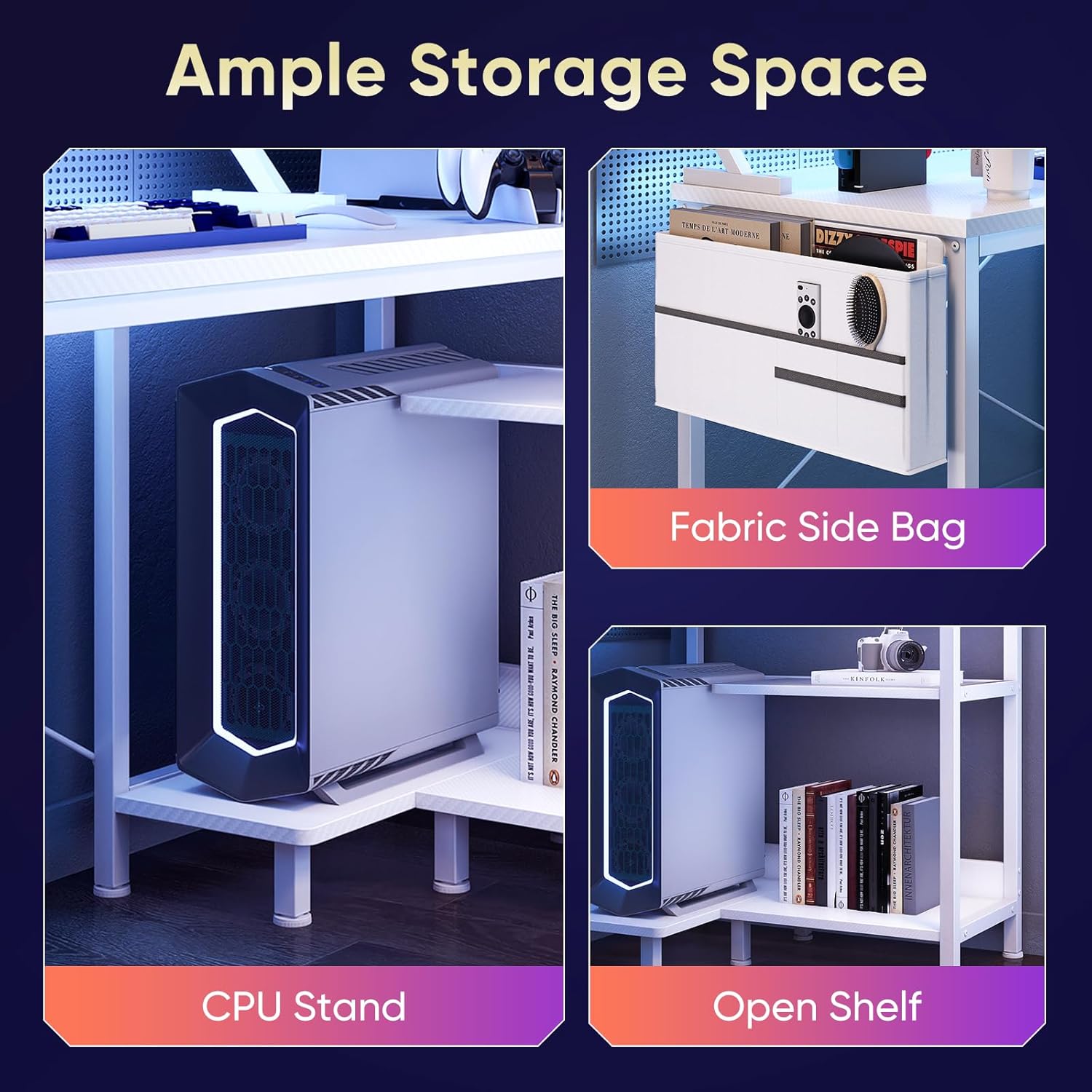 L Shaped Computer Desk with Power Outlets & USB Ports, 40"/48" Reversible Corner Desk with LED Lights, Storage Shelves & Monitor Stand for Home Office & Study, Black / White