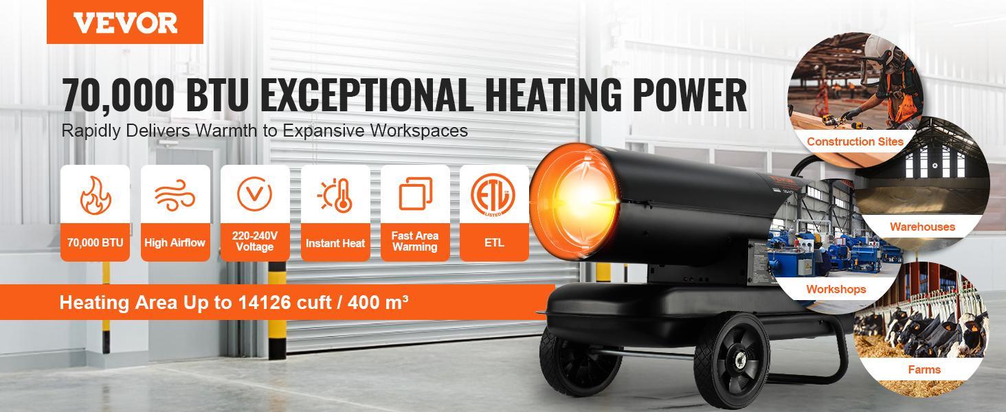 VEVOR Kerosene Forced Air Heater, 70000 BTU Portable Torpedo Diesel Space Heater with Thermostat, 5 Gallon Tank Energy-Efficient heavy-duty Heater, for Indoor Outdoor Use Workshop Industry