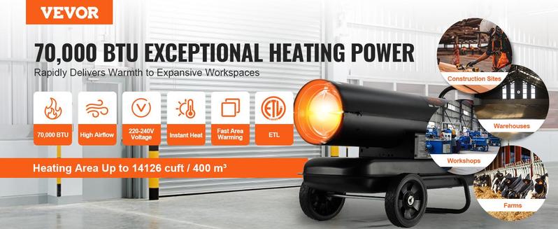 VEVOR Kerosene Forced Air Heater, 70000 BTU Portable Torpedo Diesel Space Heater with Thermostat, 5 Gallon Tank Energy-Efficient heavy-duty Heater, for Indoor Outdoor Use Workshop Industry
