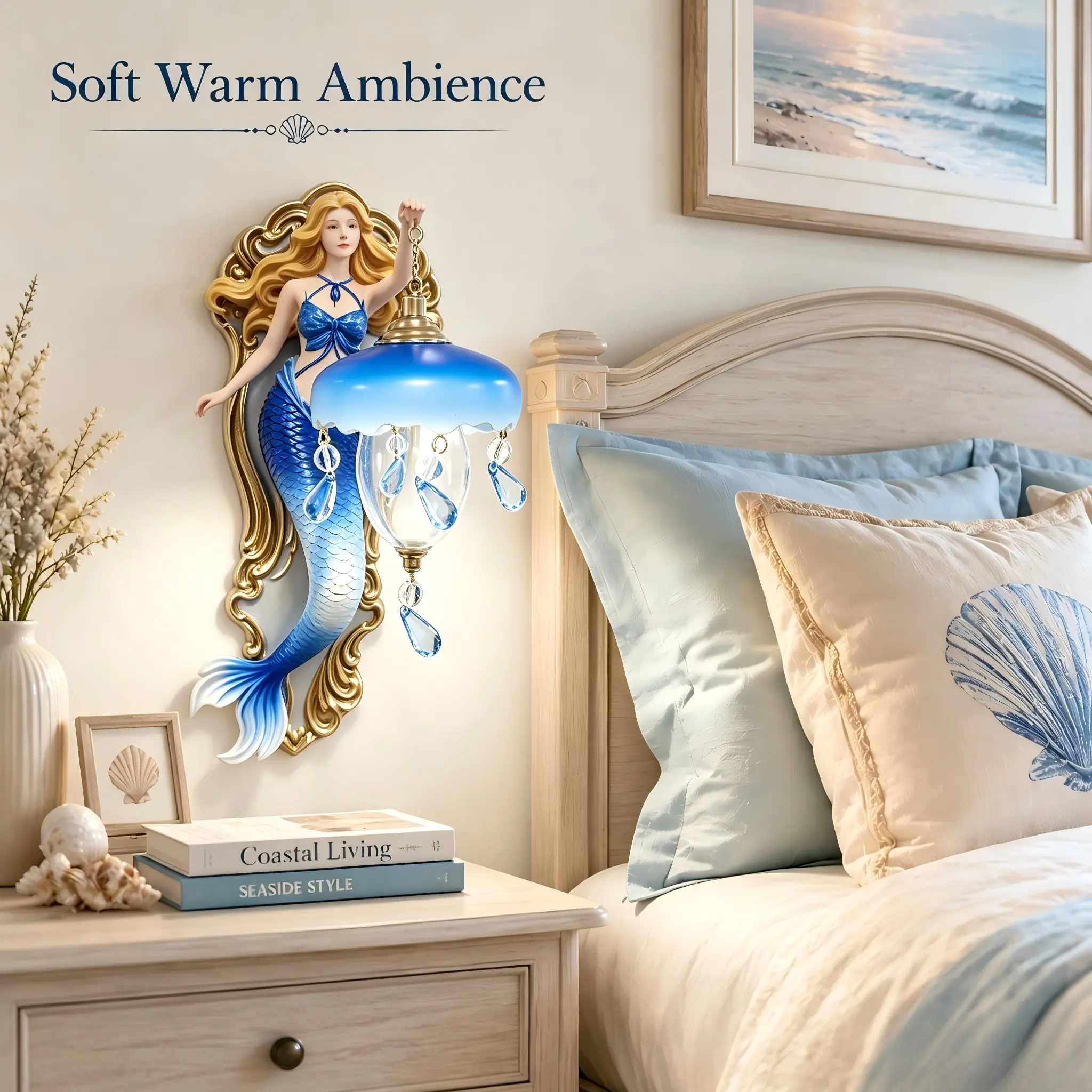 Mermaid Theme Wireless Wall Night Light - Elegant Ambient Lighting, Crystal Drops, Resin Body, Soft Glow Creative Decor Lamp, Indoor Use Fashion Art Home Ornament