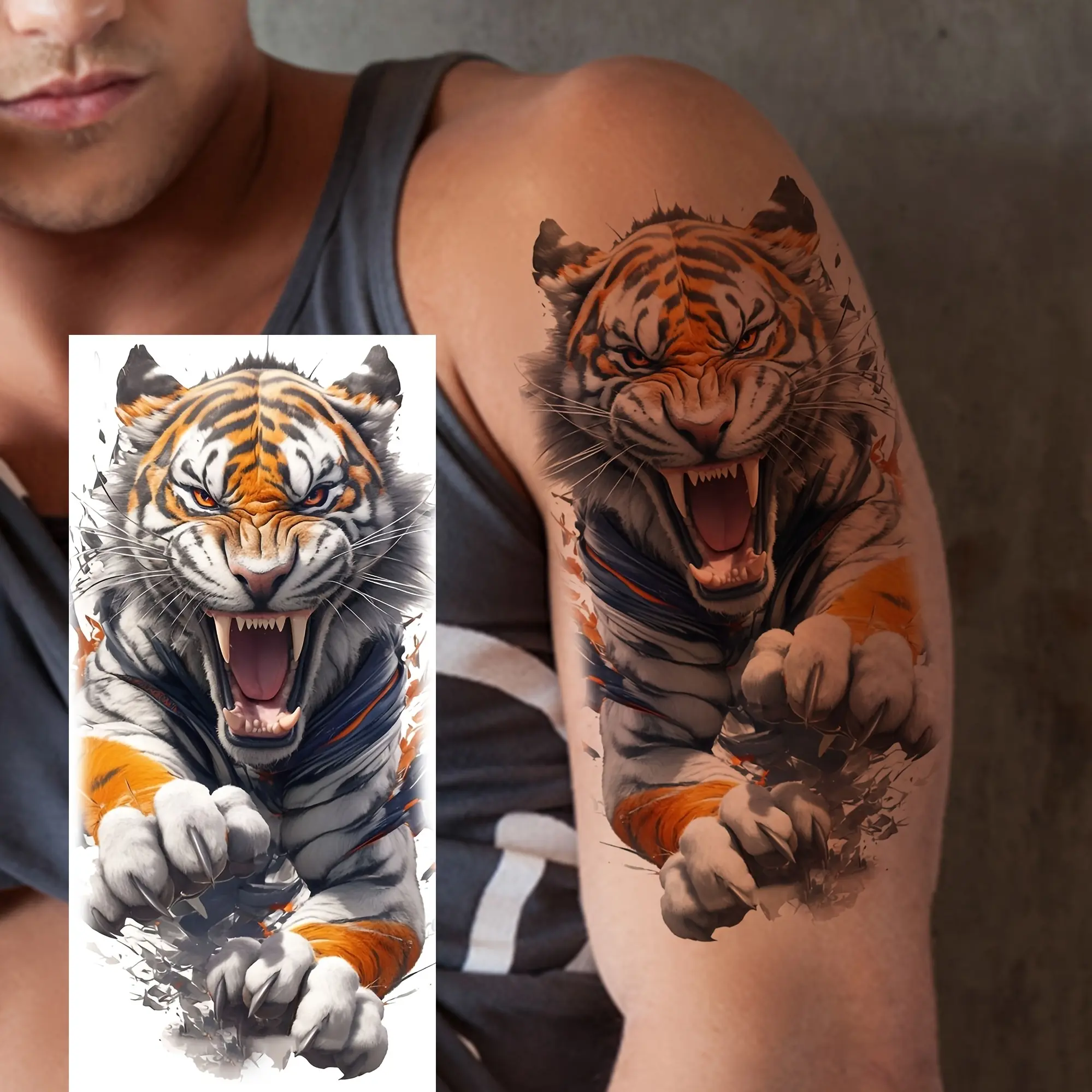 (6 Temporary Stickers with 3 Items & 3 Random Designs) Realistic Tiger Temporary Tattoo Sticker for Adults - Waterproof, Long-Lasting Fake Tattoo for Men & Women - Half-Sleeve, Arm, Thigh, Forearm