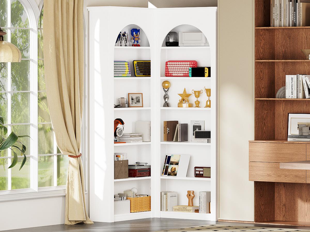 Corner Bookshelf, 71 inch 6 Tier Storage Bookcase, L-Shaped Corner Bookshelf, Living Room/Home Office/Bedroom Display Unit, Arched French Style Corner Bookshelf, 71 inch 6 Tier Storage Bookcase, L-Shaped Corner Bookshelf, Living Room/Home Office/Bedroom Display Unit, Arched French Style