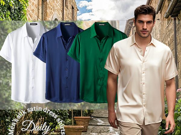 ZEROYAA Men's Hipster Shiny Silk Satin Shirt Regular Fit Short Sleeve Casual Button Down Dress Shirts for Summer Party