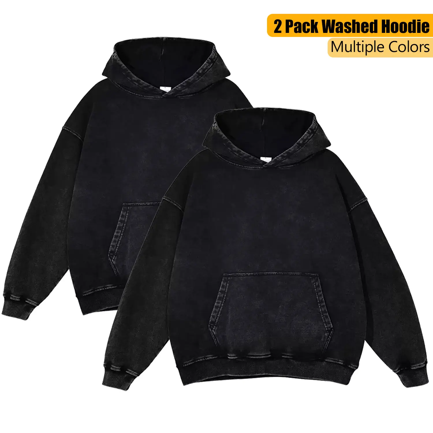 2-Pack Unisex Vintage Acid Wash Hoodies, Heavyweight Cotton Pullover Hooded Sweatshirts, Distressed Casual Fall Streetwear Tops with Kangaroo Pocket