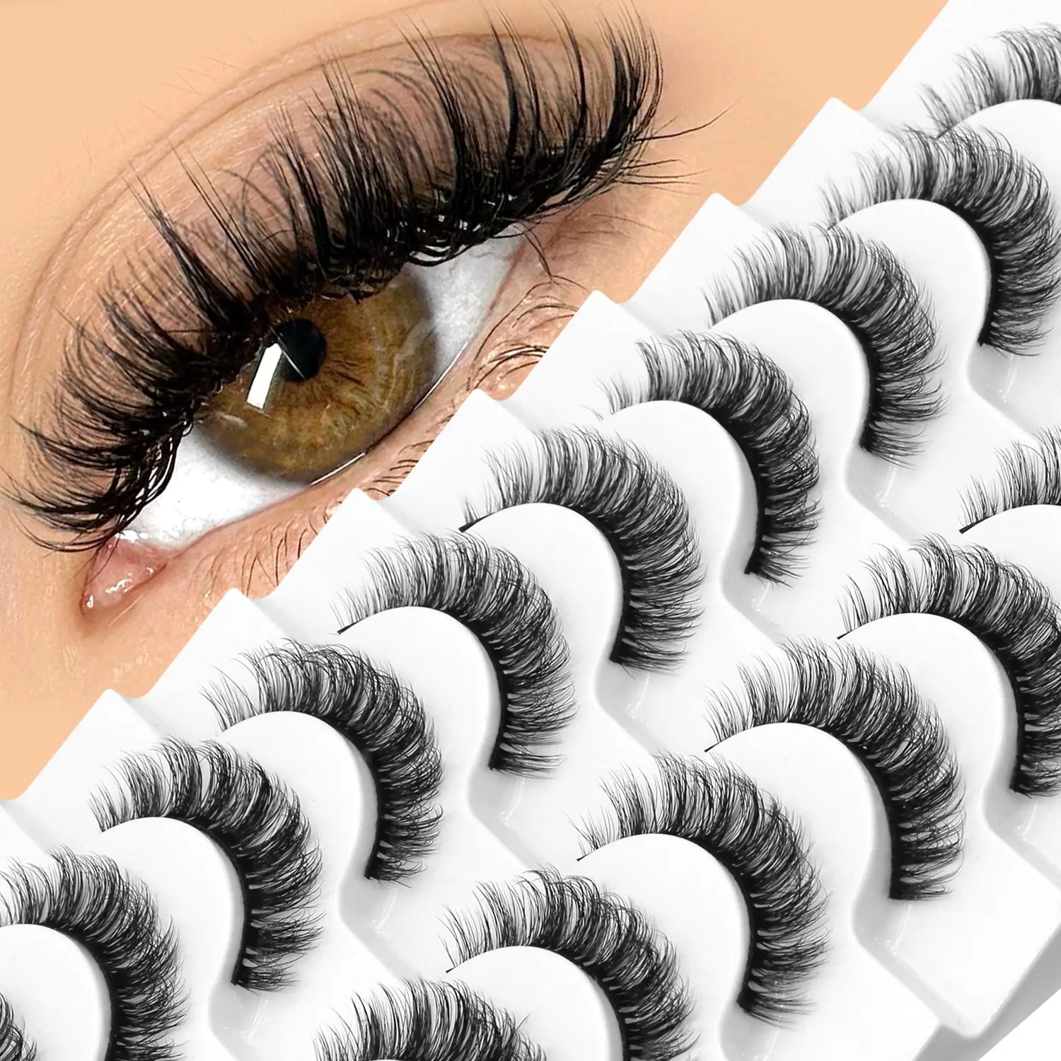 GROINNEYA 5/10 Pairs Natural Makeup Strip Eyelashes Soft Lightweight Short Wispy Faux Mink Eyelashes Puffy Airy False Lashes, Soft Fluffy Lashes, Versatile Lashes Reusable Waterproof for Self-application Newbie, Everyday Wear Cosmetic