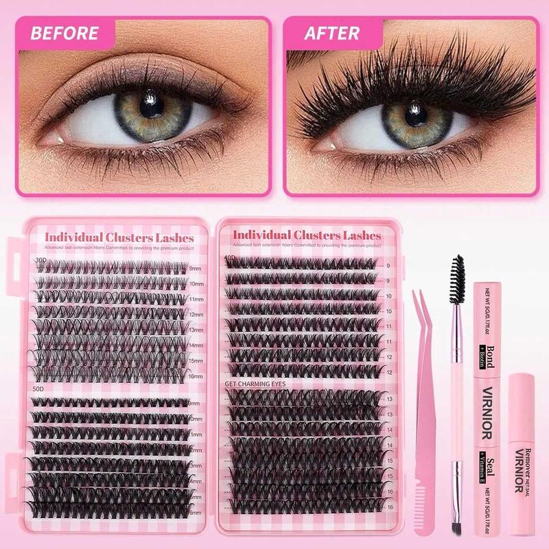 Mixed Length False Eyelashes 30D 40D 50D with Bond and Seal & Remover & Tweezers & Eyelash Curler, Natural Eyelash Extensions, VIRNIOR Lash for Eyelash Enhancements, Lashes Glue Extension,  Lashes Clusters, Cosmetic, Flawless Makeup Lightweight