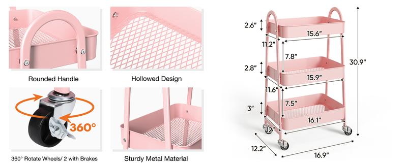 Small Rolling Cart, Storage Organizer Kitchen Trolley Bathroom Laundry Room Bar Office Shelves Mobile with Wheels for Snack Racks