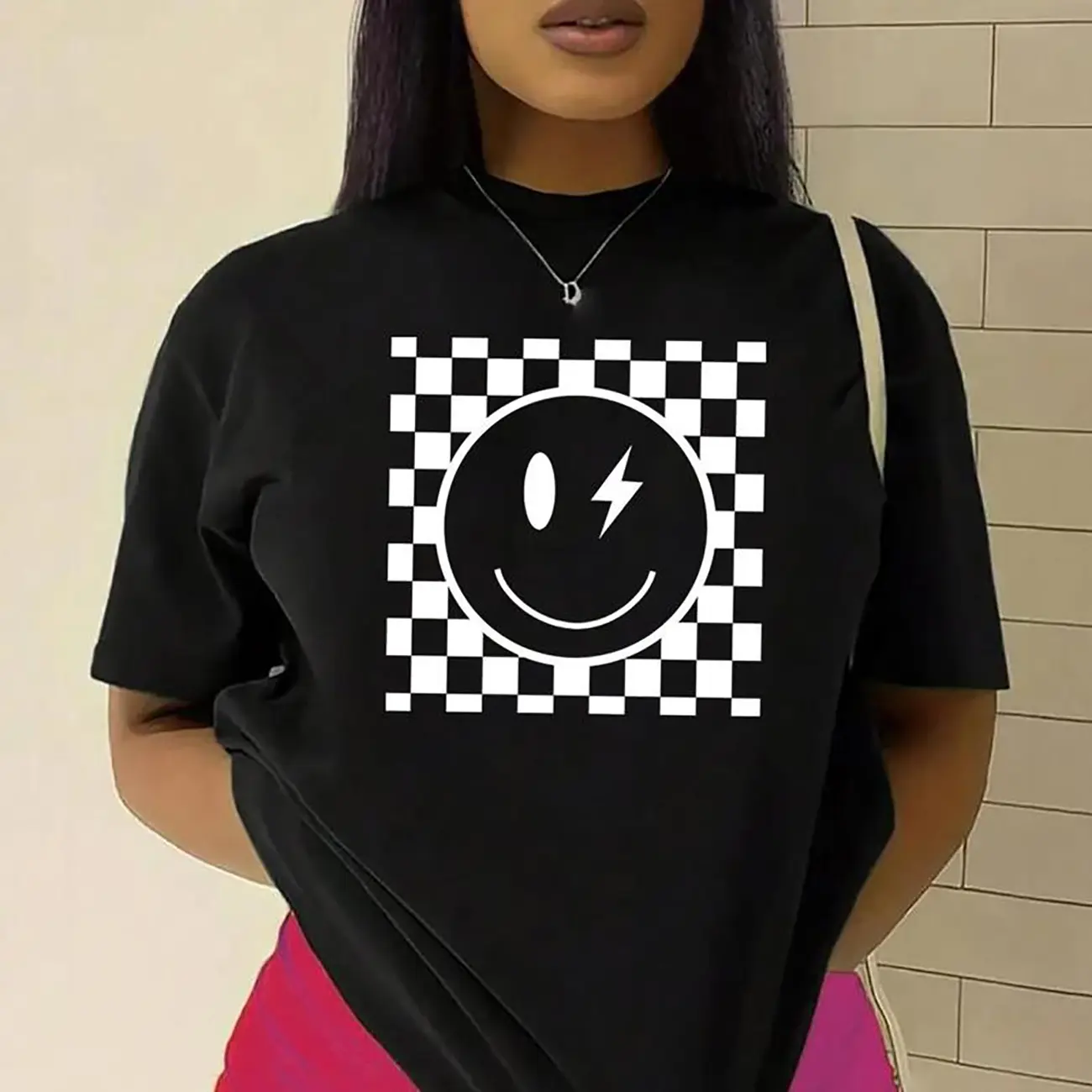 Women's Vintage Plaid Cartoon Face Graphic Print Soft Cotton Crew Neck Half-Sleeve Tee - Summer Casual Drop-Shoulder Lightweight Everyday Staple for July Holiday Outings retro women mystery party shirt printed colorful
