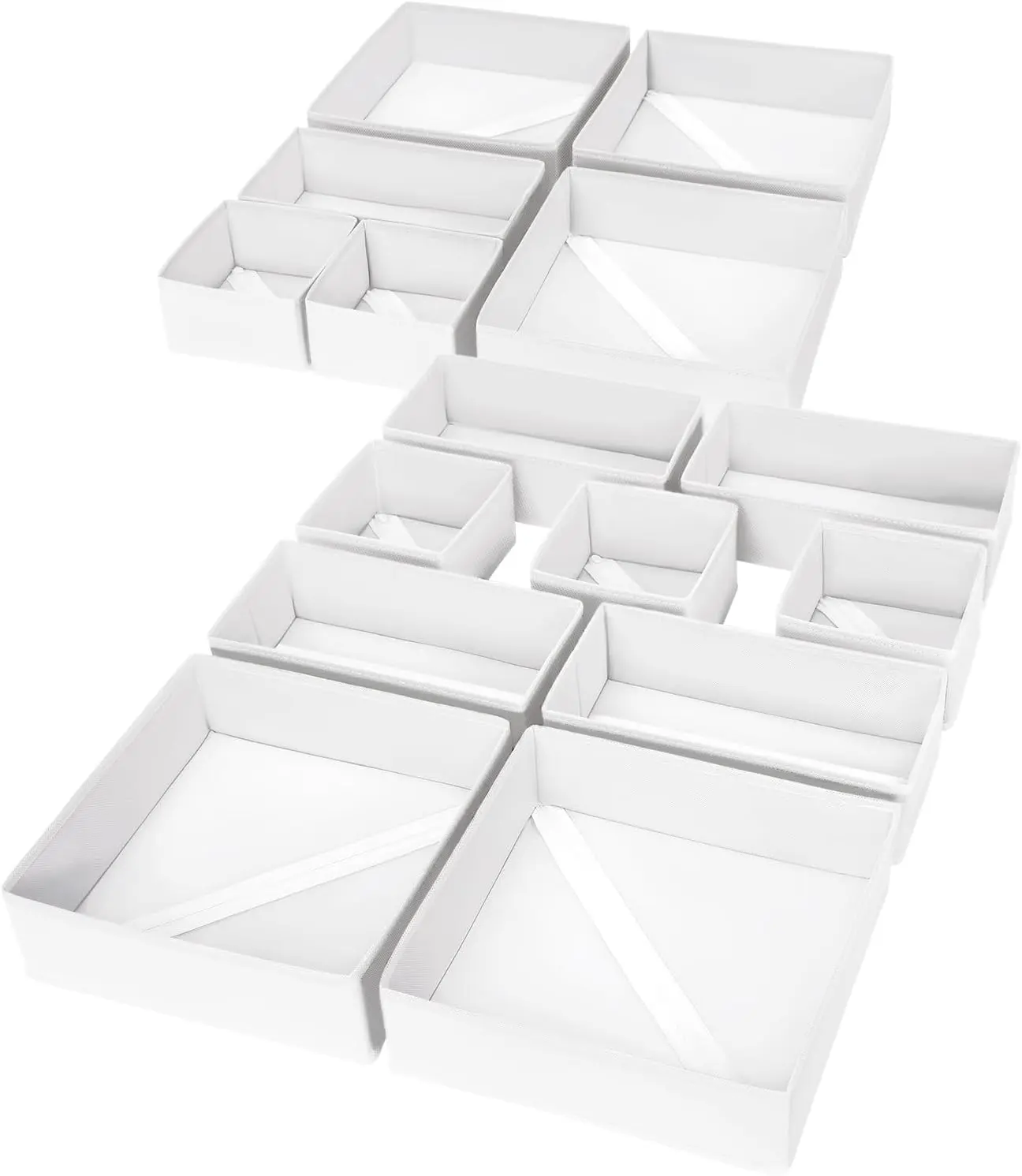 15 Pack Fabric Drawer Organizer Bins – Foldable Closet Dresser Dividers for Baby Clothes, Nursery, Socks, Bras, Ties & Underwear, Space Saving, White