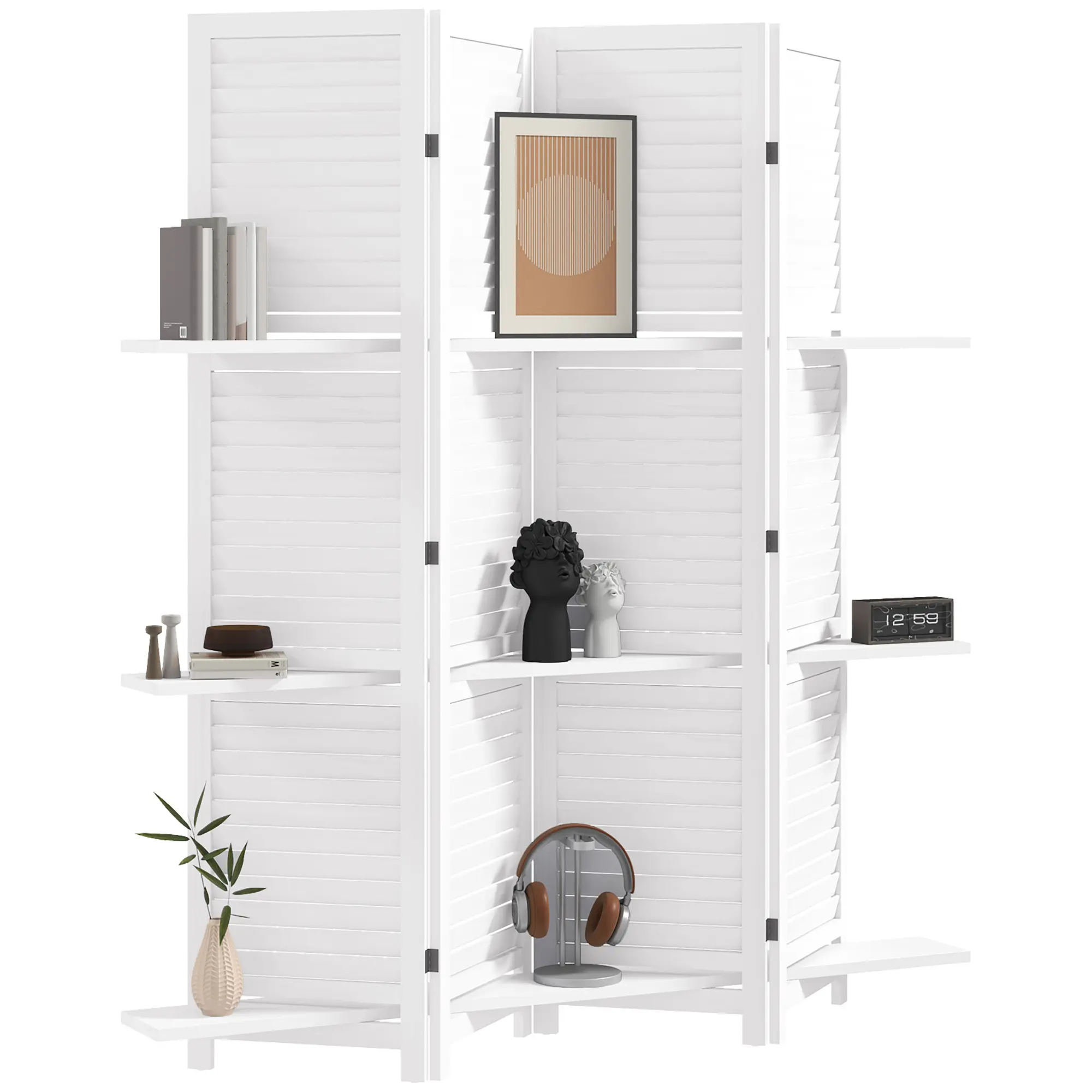 HOMCOM Room Divider, 5 Panel 67" Tall Wood Privacy Screen with 3 Display Shelves, and Folding Storage for Bedroom or Home Office, Distressed White