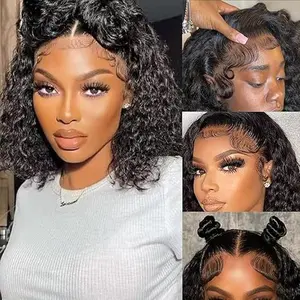 Curly BOB Wig Human Hair180 Density  HD Lace Closure Deep Wave Wigs for Black Women Glueless Wear and Go Pre Plucked Deep Wave Wet and Wavy Glueless Wigs Human Hair Natural Black 12 Inch