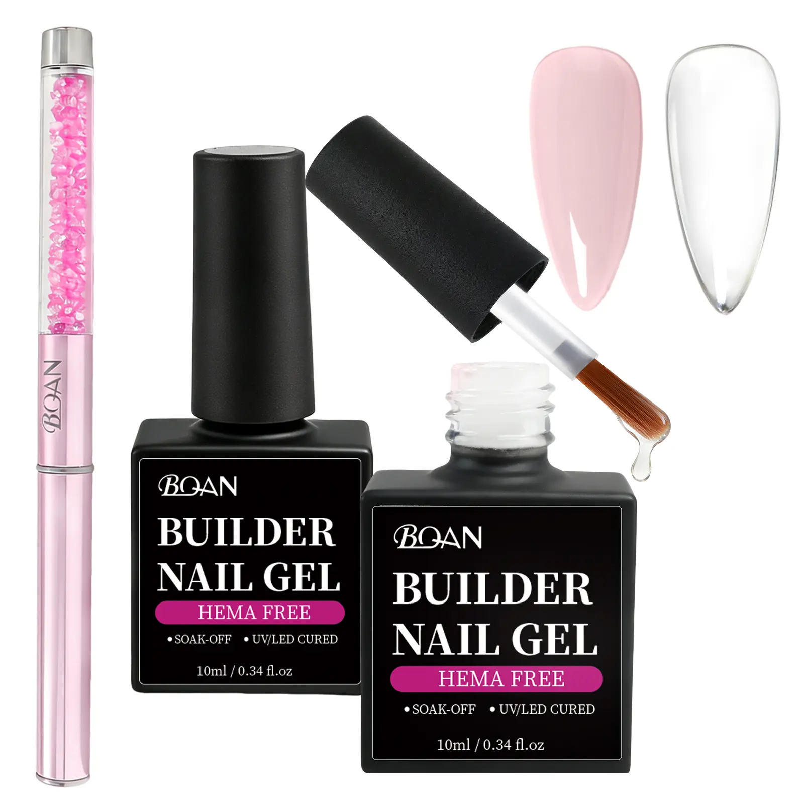 BQAN HEMA-Free Builder Gel, 7-in-1 Self-Leveling Nail Extension Gel with Base/Apex/Strengthener, Low Odor UV/LED Lamp Cured, 2Pcs Professional Nail Building System for Salon & Home