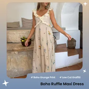 Women Ruffle Hem Maxi Dress Boho Graffiti Backless Going Out Dress Floral Flowy Sheer Long Dresses Summer Beachwear  jayem hoco Dresses