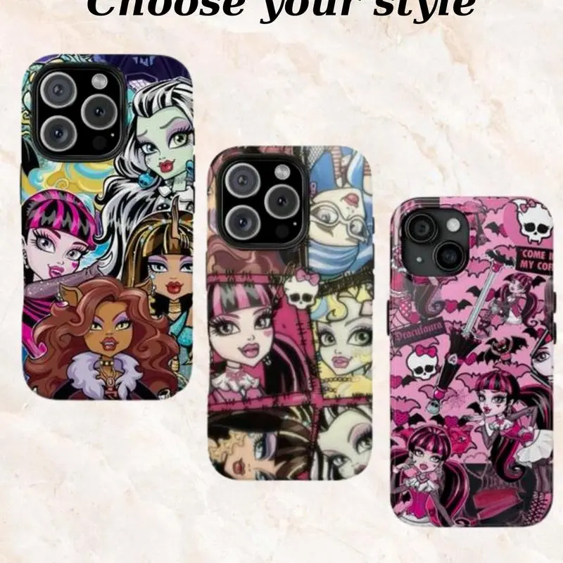 Monster High Characters Tough Phone Case, Monster High Dolls Protective Phone Cover for iPhone 17, iPhone 16, iPhone 15, iPhone 14, iPhone 13, iPhone 12, iPhone 11 Pro Max Plus Models.