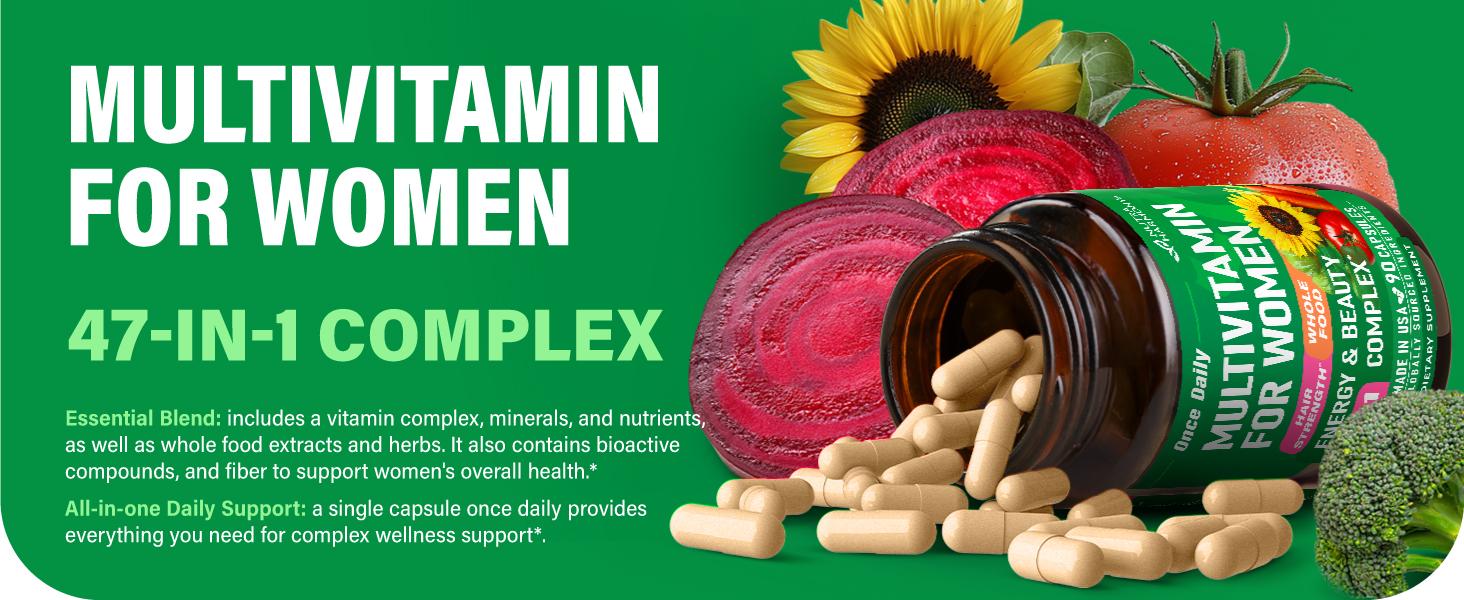 47-in-1 Multivitamin Complex for Women: B-Complex, Whole Foods, Hair Growth Support, Digestion & Metabolism, Iron. Vegan, Bioavailable & Gentle on Stomach. Made in USA. 90 Capsules 47-in-1 Multivitamin Complex for Women: B-Complex, Whole Foods, Hair Growth Support, Digestion & Metabolism, Iron. Vegan, Bioavailable & Gentle on Stomach. Made in USA. 90 Capsules