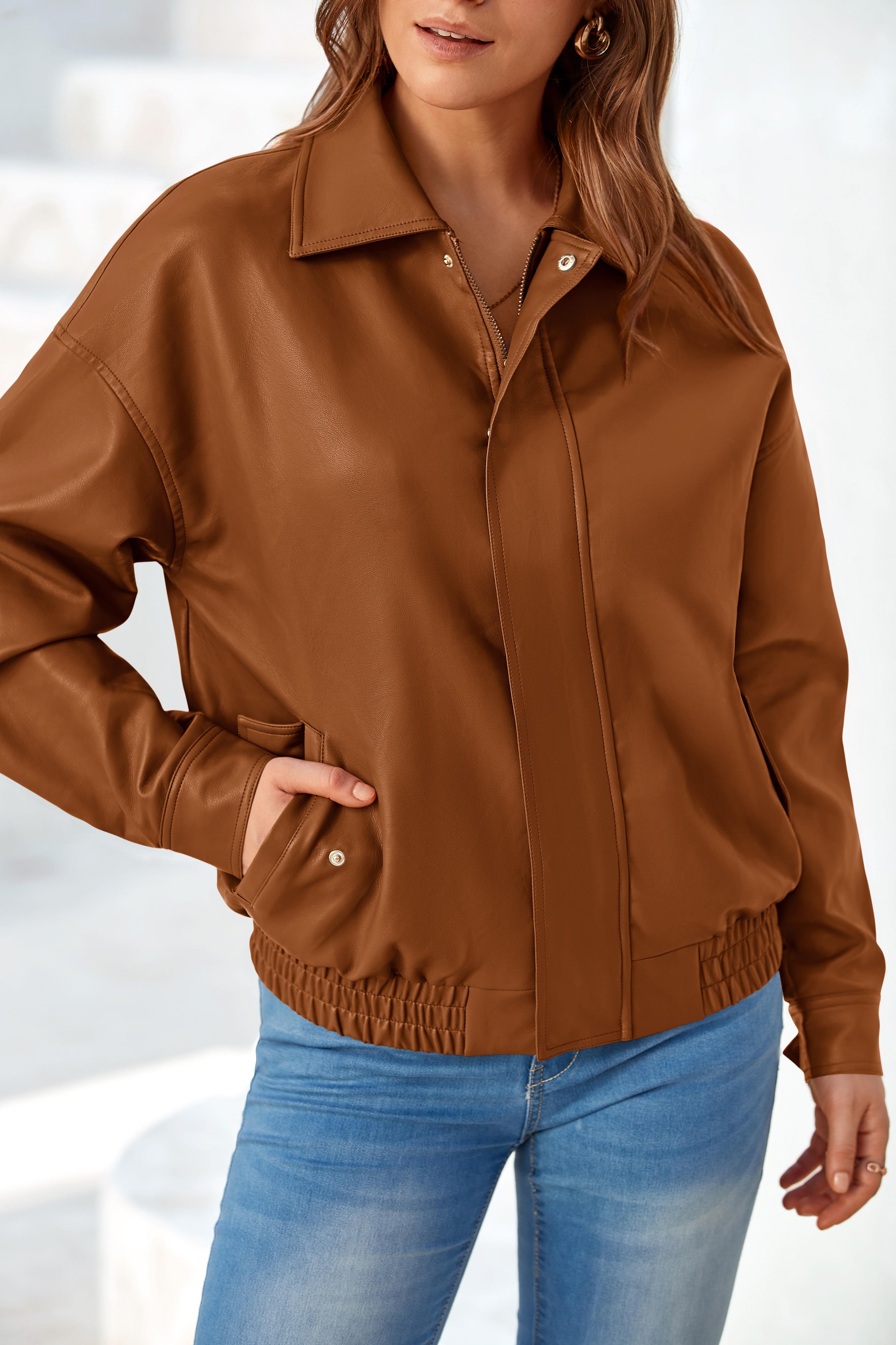 PRETTYGARDEN Women's Faux Leather Motorcycle Jacket Trendy Fall Spring Clothes Oversized Zip Up Winter Coat Outerwear Long Sleeve Drop Shoulder Plain Pattern Casual Chic Edgy Style