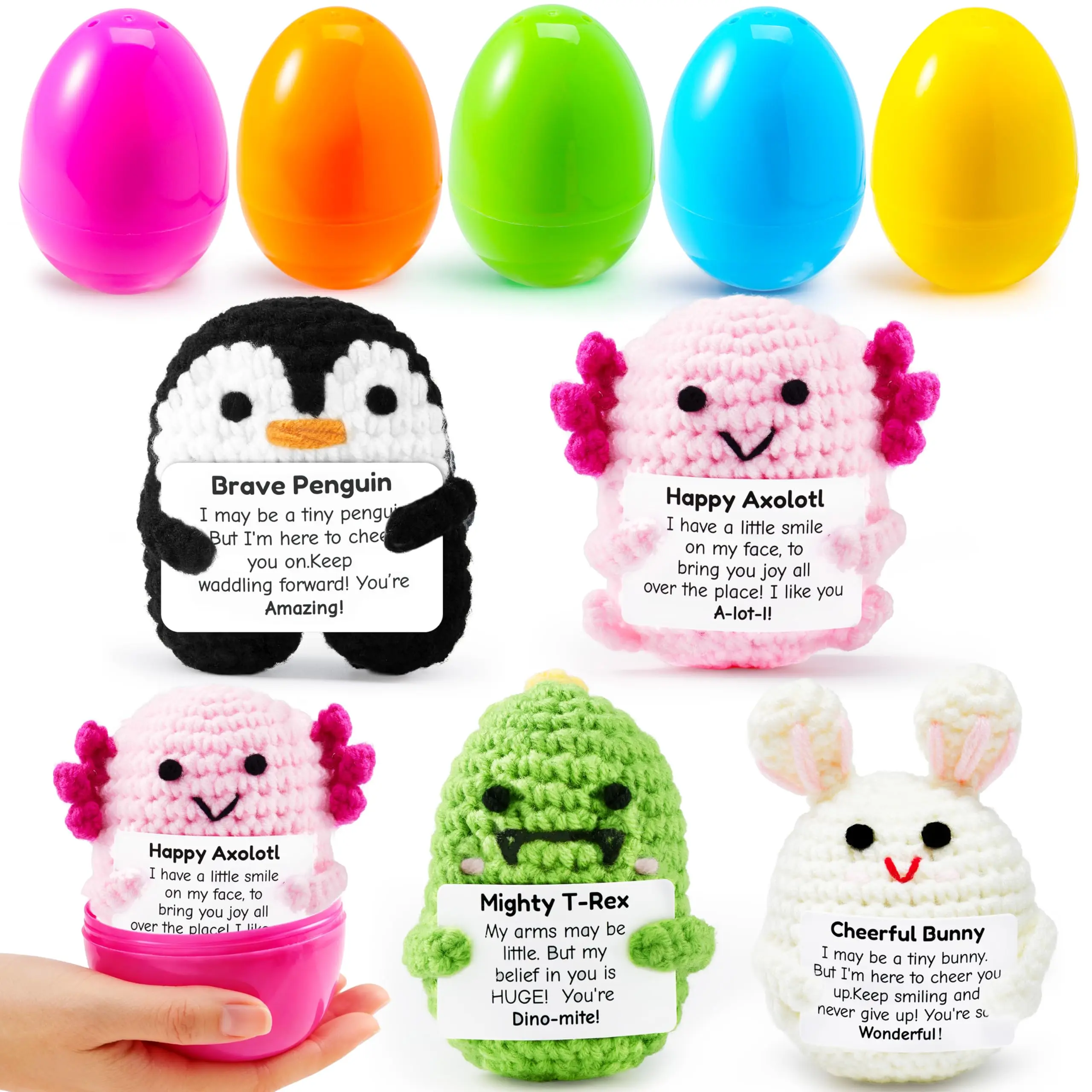 JOYIN 5 Pcs Prefilled Easter Eggs with Crochet Toys, Eggs Filled with Stress-Relief Comfort Crochet Toys, Basket Stuffers for Kids Teens, Easter Egg Hunt, Party Favor, Classroom Prizes Gift