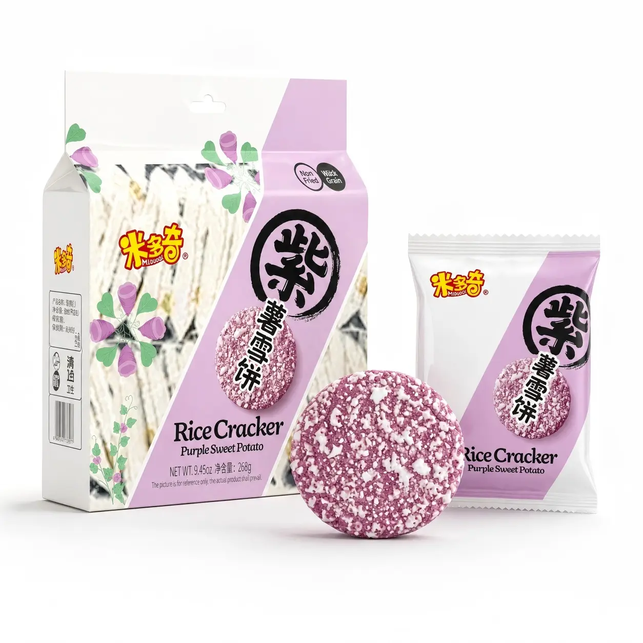 Assorted Rice Crackers 4 Flavors, Purple Sweet Potato, Corn, Pumpkin, Black Rice, Crispy Rice Snack, Light Crunchy Healthy Snack for All Ages, Individual Packed cookies