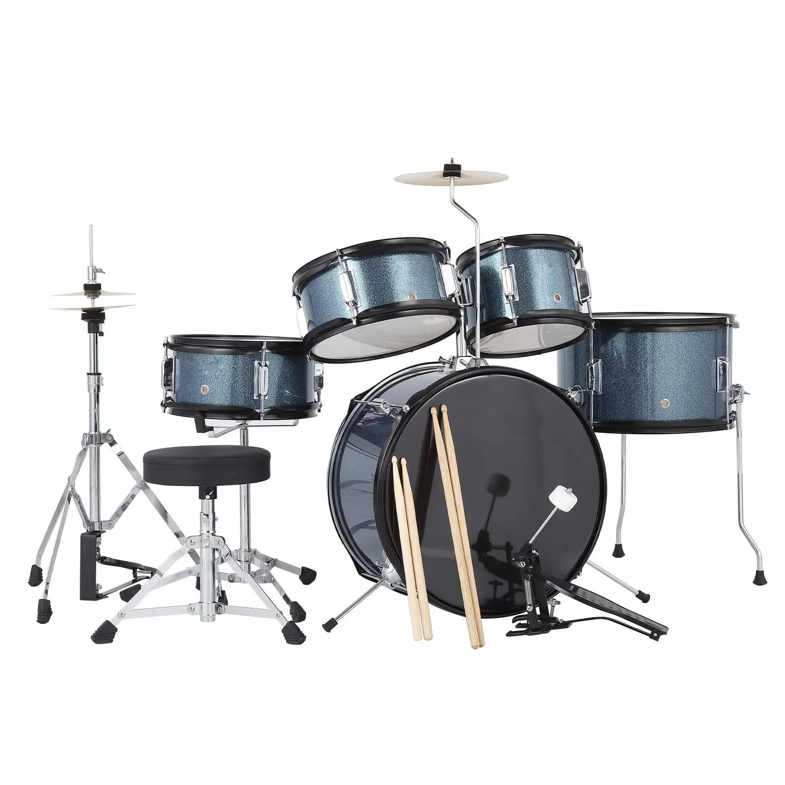 【Christmas Gift】AD-300 5-Piece Drum Set for Beginners - Includes Bass Drum, Tom-Tom, Snare, Cymbals, Hi-Tone Drum, Sticks, Pedal & Stool (Blue)