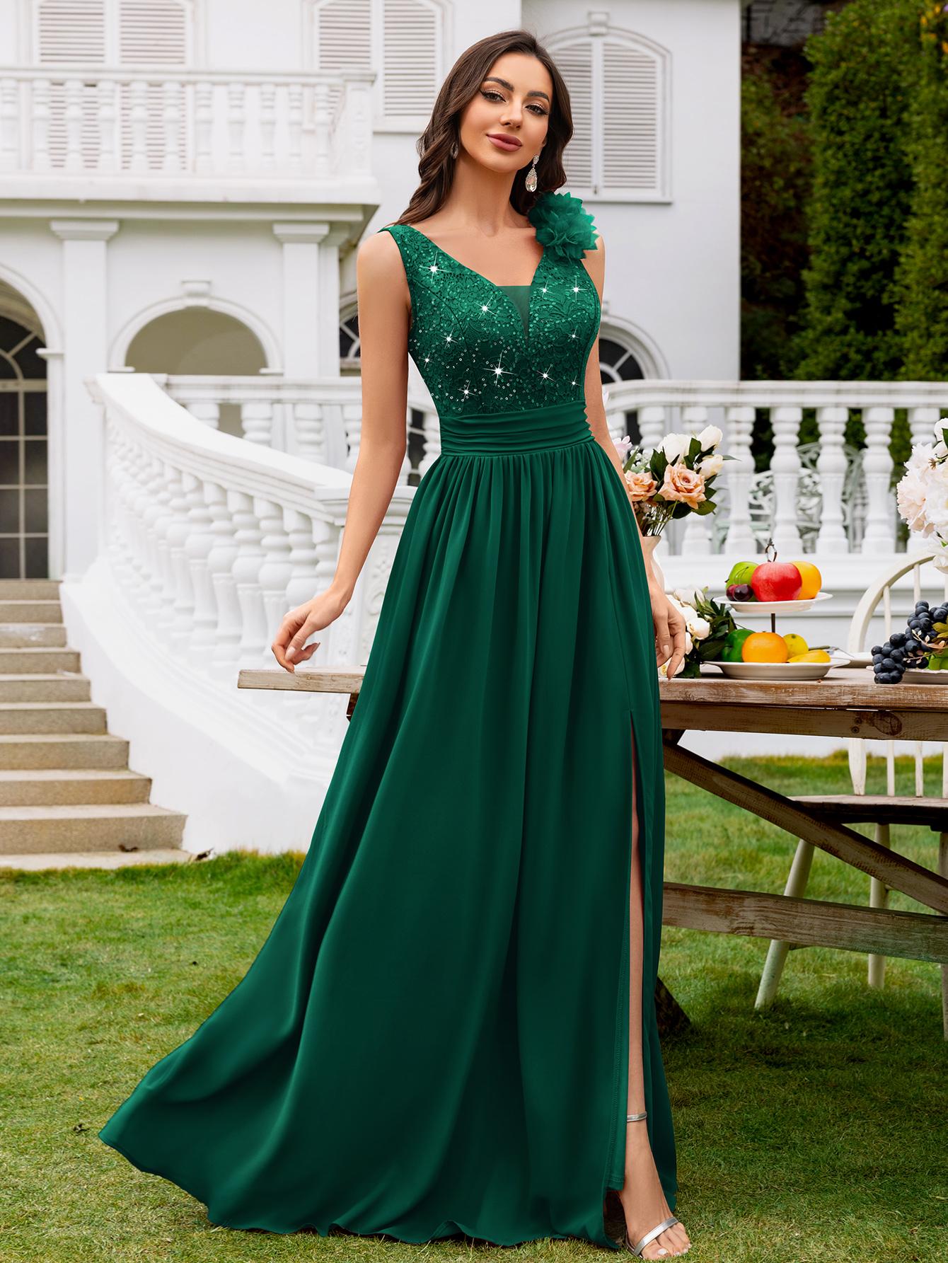 MIUSOL 24451A Women's Elegant Deep V-Neck Sequin Lace Chiffon Maxi Dress Mint Green Sleeveless Ruched Split Thigh Formal Evening Ball Gown for Wedding Guest Prom Graduation Bridesmaid Bridal Cocktail Party Events