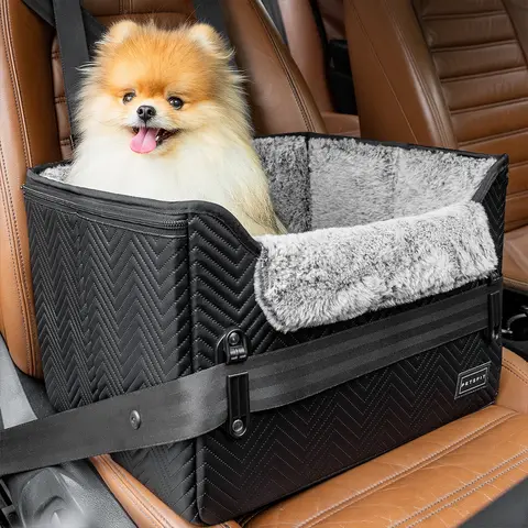 PETSFIT Small Dog & Cat Car Seat Carrier - 16"L x 13"W x 11"H Brown Faux Leather Fabric, Patent Safety Buckles, Adjustable Clip-On Leash, Cozy Velvet Pad, 3.15" View Lift, Folds Flat Fast, 25lb Capacity, Convenience & Ease of Use Travel Accessory