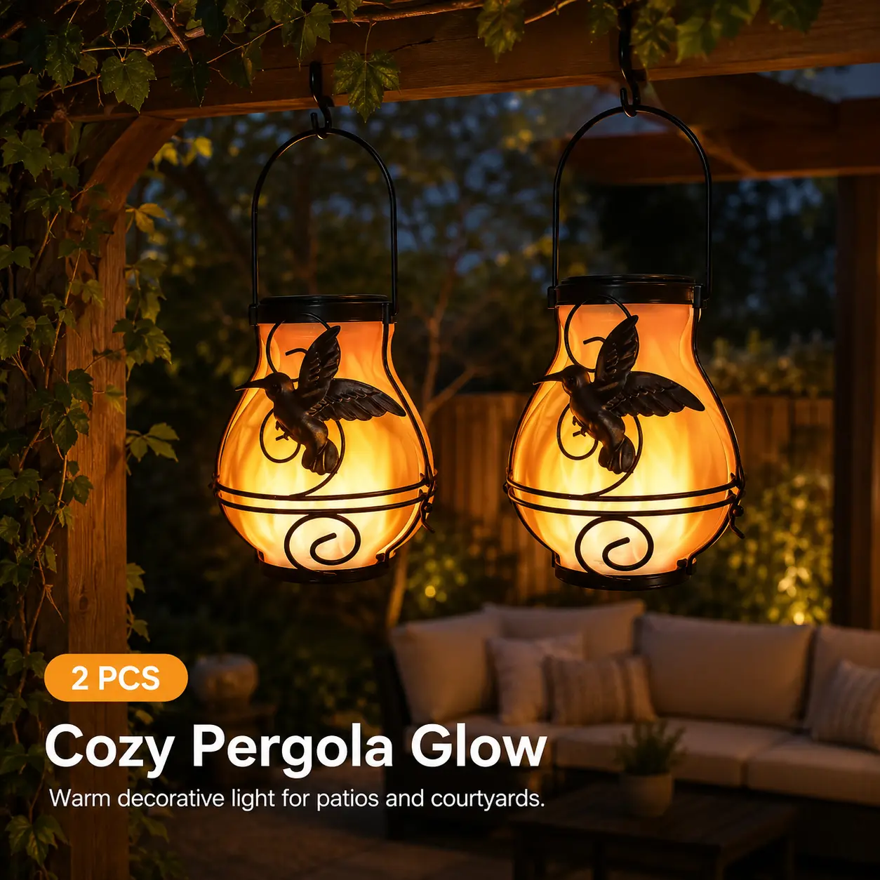 Solar Outdoor Lights - Black Metal Frame, Self-Charging, Waterproof Tripod Garden Lantern with Flicker Light for Patio, Lawn