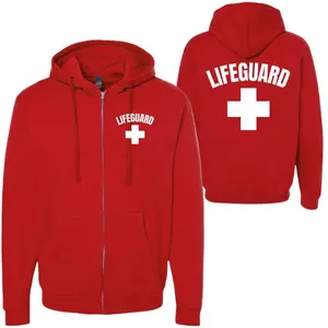 Lifeguard + White Cross Full Zip Hoodie Sweatshirt Life Guard Staff Unisex Pool Water Safety Rescue Hooded Adult Premium, Red