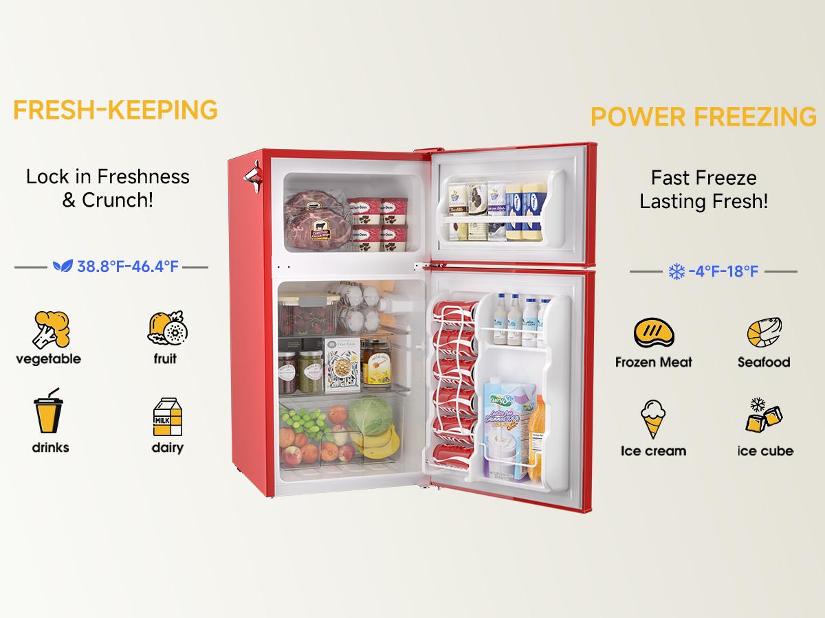 BANGSON Retro Fridge 3.2 Cu.Ft Mini Refrigerator with Double Door & Freezer Adjustable Thermostat Energy-Efficient LED Light Red Household Appliance Gift idea Christmas Gift