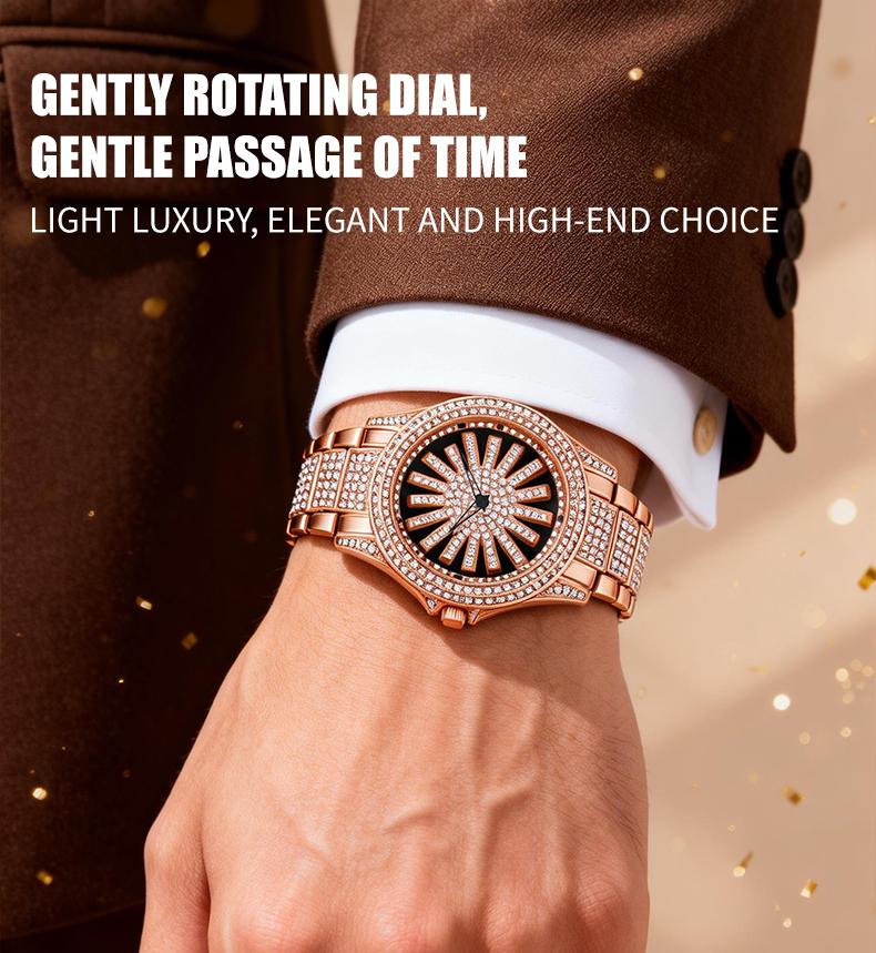 Men's Diamond - Encrusted Gold Watch, Business Quartz Chronograph with RotatingDiamond Dial, Sparkling Effect, WaterResistant, Party Daily Wear Birthday Gift (With Box)